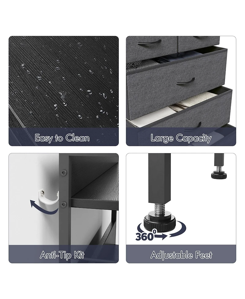 gaomon 5-Drawer Fabric Dresser Bedroom Chest, Metal Frame, Wood Tabletop, Entryway Storage Organizer, Easy Pull Handle