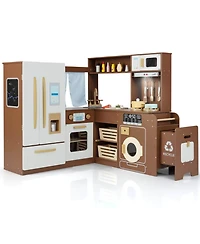 Costway Corner Play Kitchen with Lights & Sounds Wooden Toy Kitchen Set Storage.