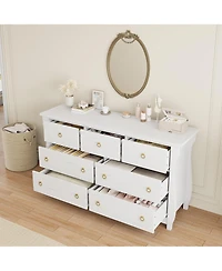 gaomon 7-Drawer Modern Wood Dresser with Golden Ring Pull Handles, Wide Storage Chest Organizer for Living Room, Entryway