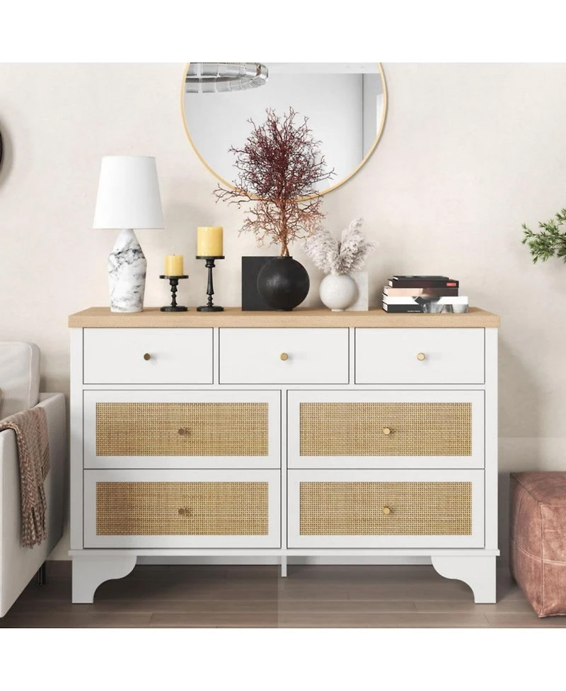 gaomon 7-Drawer Modern Dresser for Bedroom, Wood Chest with Natural Rattan Fronts, Sturdy Base, Organizer for Living Room, Entryway