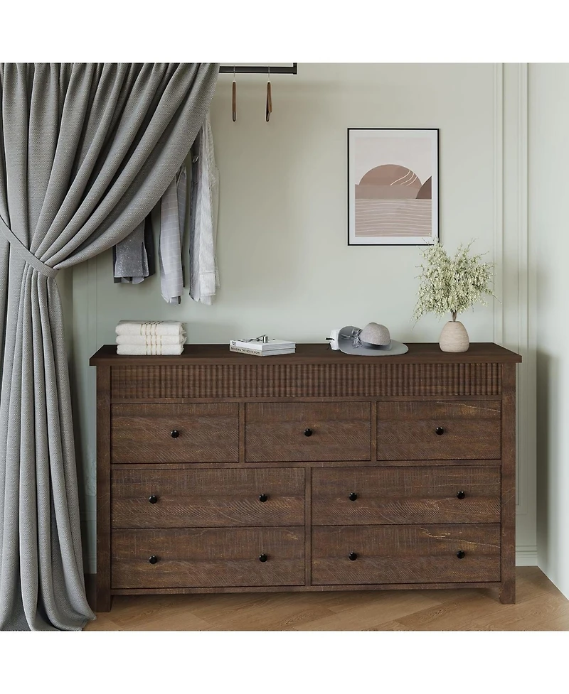 gaomon 7-Drawer Farmhouse Dresser Bedroom Wooden Chest, Fluted Tv Stand Storage Organizer for Living, Home Office