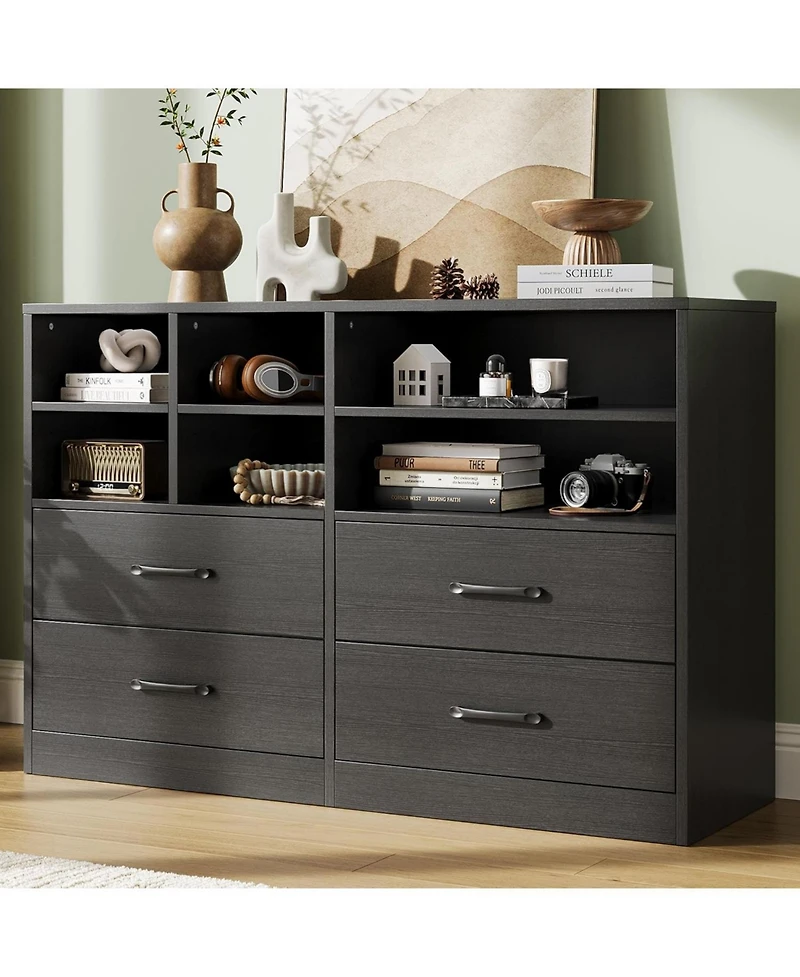 gaomon 4-Drawer Black Bedroom Dresser, 6 Open Shelves, Modern Tv Stand, Space-Saving Cabinet for Living Room