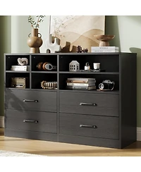 gaomon 4-Drawer Black Bedroom Dresser, 6 Open Shelves, Modern Tv Stand, Space-Saving Cabinet for Living Room