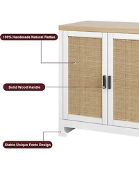 gaomon Modern Rattan Accent Storage Cabinet with 4 Doors & Shelf, Console Coffee Bar, Dining Room, Kitchen, Living Room, White