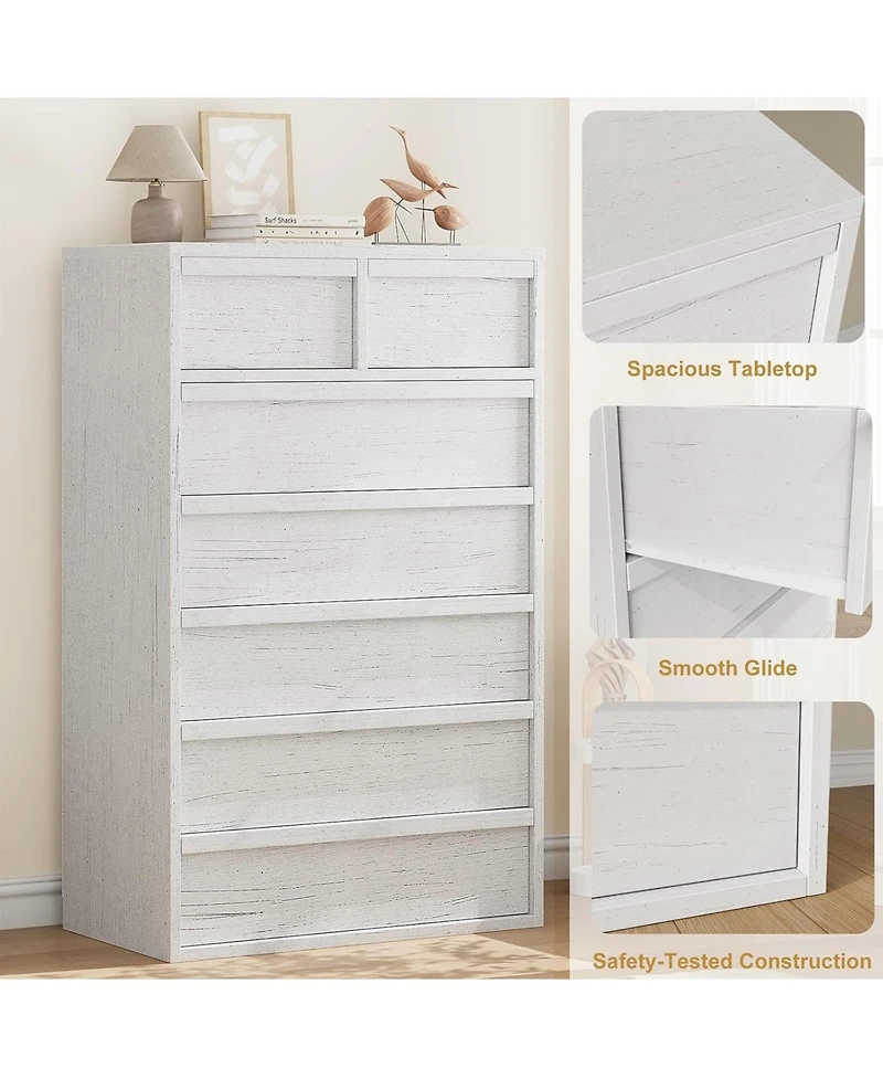 gaomon 7-Drawer Modern Tall Wooden Dresser, 46" Large Storage Chest Organizer for Bedroom, Living Room, Nursery, White