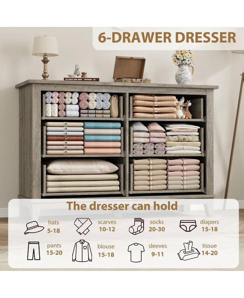 gaomon 6-Drawer Modern Wooden Dresser, 47" Wide Storage Chest, Freestanding Closet Organizer for Bedroom