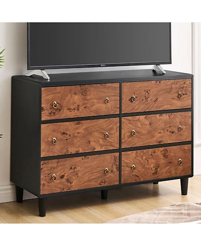 gaomon 6 Drawer Modern Dresser, Space-Saving Narrow Wood Chest with Curved Profile, Vintage Handles, Bedroom, Entryway