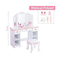 gaomon Kids 3 Drawer Wooden Dressing Table, Round Mirror with Lights, Stool, Modern Child Vanity Set