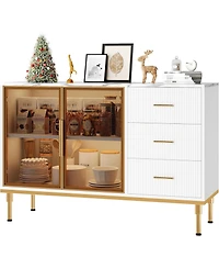 gaomon Fluted Sideboard Buffet Cabinet with Glass Doors, 3 Drawers, Marble Top, Kitchen & Dining Room, White