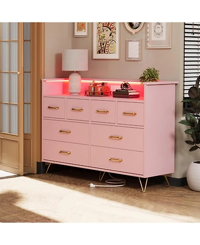 gaomon 8-Drawer Modern Led Light & Charging Station, Wooden Chest, Open Shelf Dresser
