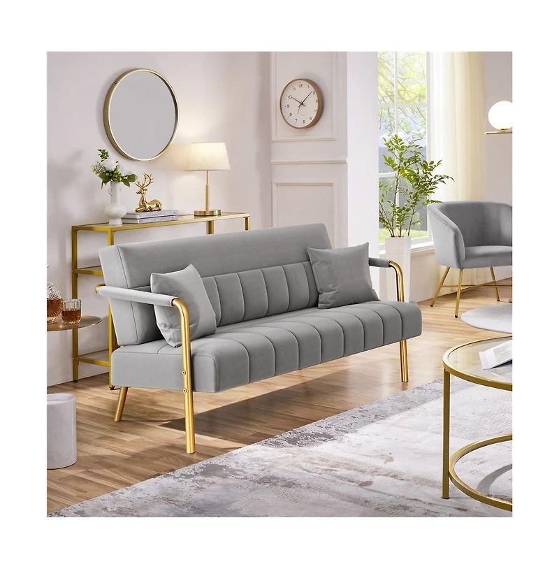 Yaheetech 56.5 W Upholstered Sofa Couch with Gold-tone Metal Arms and Legs