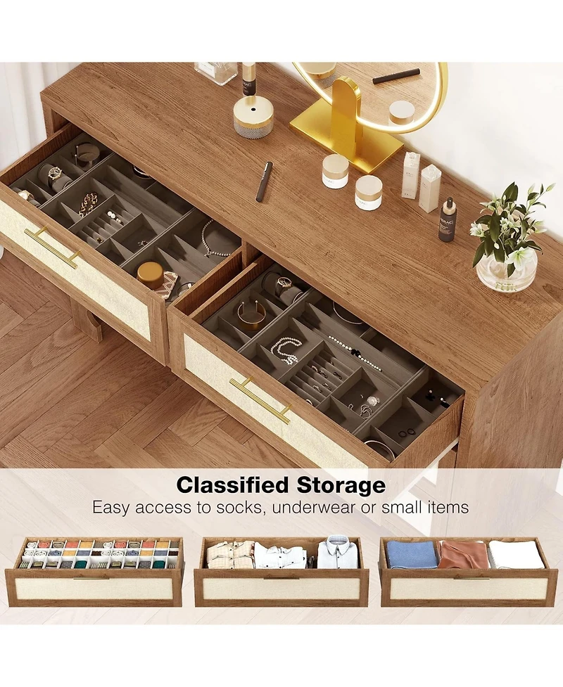 gaomon 6-Drawer Mid Century Modern Burlap Wood Dresser Bedroom Storage Cabinet, Wide Chest with Wood Legs for Living Room, Tv Stand, Nursery