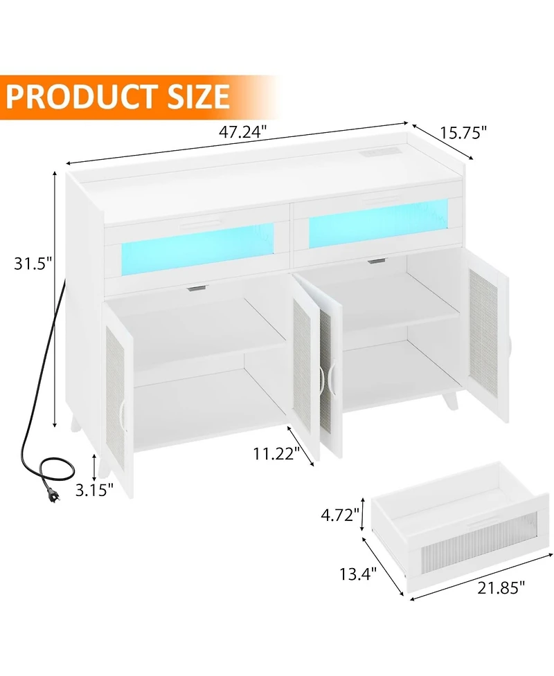 gaomon Farmhouse Rattan Storage Cabinet with Charging Station and Led Light, Heavy Duty Buffet