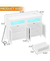 gaomon Farmhouse Rattan Storage Cabinet with Charging Station and Led Light, Heavy Duty Buffet