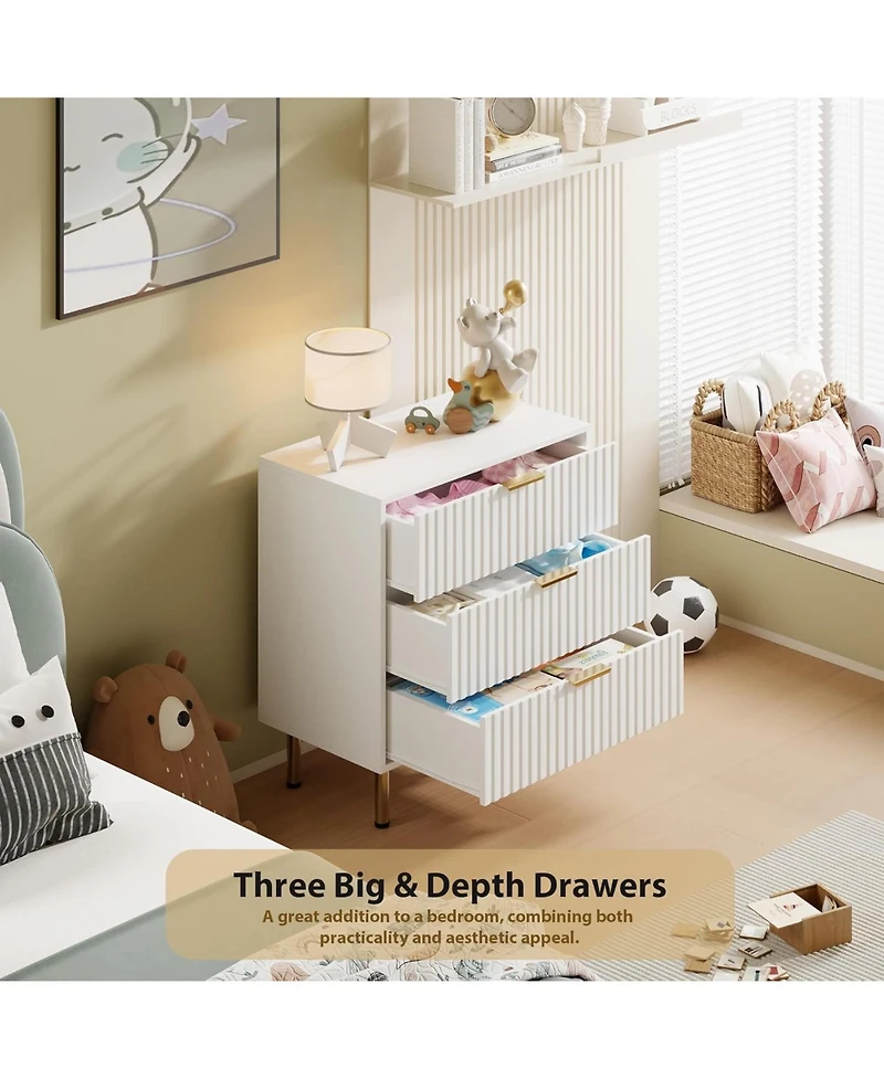 gaomon 3-Drawer Modern Fluted White Dresser, Stylish Nightstand with Deep Drawers, Wide Top, Organizer for Bedroom, Living Room, Kids Room