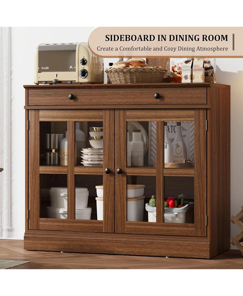 gaomon 35.4 Inch Walnut Sideboard Buffet Cabinet, Glass Door, Drawer Storage, Modern Dining Room, Kitchen Cabinet