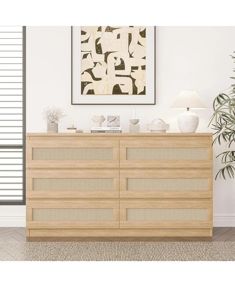gaomon 6 Drawer Natural Wood Multi-Purpose Rattan Fronts, Smooth Operation, Tv Stand - Dresser