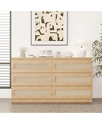 gaomon 6 Drawer Natural Wood Multi-Purpose Rattan Fronts, Smooth Operation, Tv Stand - Dresser