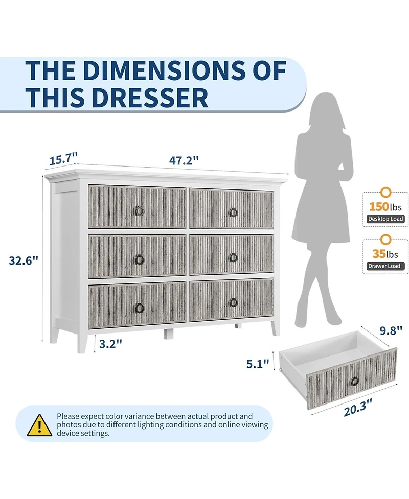 gaomon 6-Drawer Fluted Wave Pattern Dresser, Large Storage Drawers, Anti-Tip Safety, Wooden Chest for Bedroom, Hallway, Closet