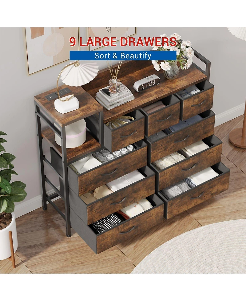 gaomon 9-Drawer Modern Dresser with Charging Station, Heavy-Duty Storage Chest