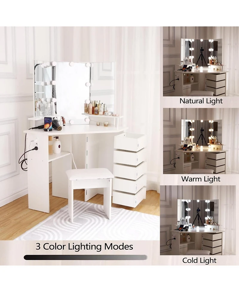 gaomon Corner Makeup Vanity Desk with Lights, Power Outlet, Rotating Drawers, Adjustable Brightness, Stool