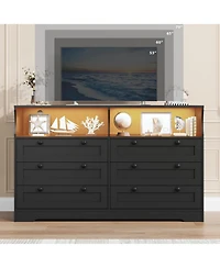 gaomon 6-Drawer Modern Dresser with Power Outlet & Led Light, Large Capacity Wood Storage Chest Tv Stand for Bedroom, Living Room