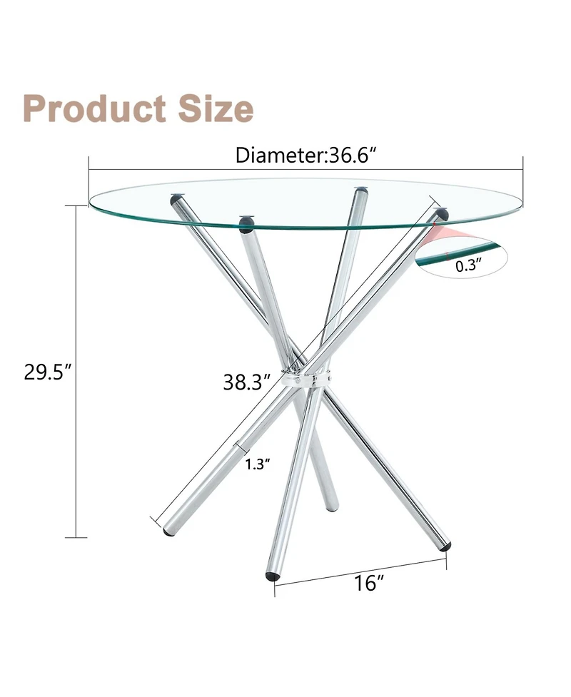 Streamdale Furniture Unique Round Glass Dining Table with Silver Legs