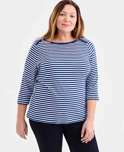 Style & Co Plus Stripe Pima Cotton 3/4-Sleeve Top, Exclusively at Macy's