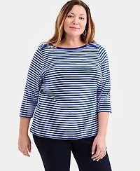 Style & Co Plus Stripe Pima Cotton 3/4-Sleeve Top, Exclusively at Macy's