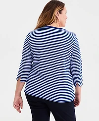 Style & Co Plus Stripe Pima Cotton 3/4-Sleeve Top, Exclusively at Macy's