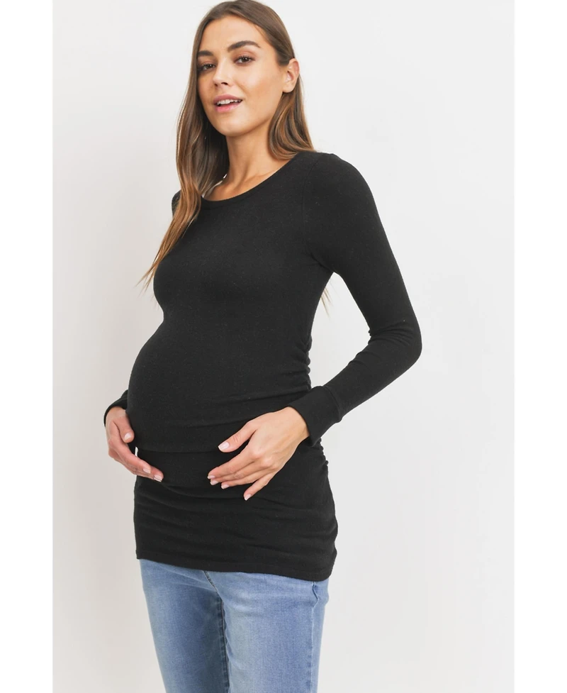Hello Miz Maternity Long Sleeve Crew Neck Side Ruching Knit Top