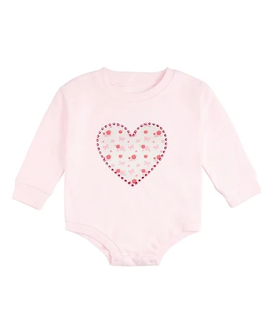 Sweet Wink Baby Girls Dainty Rose Pearl Heart Patch Long Sleeve Romper