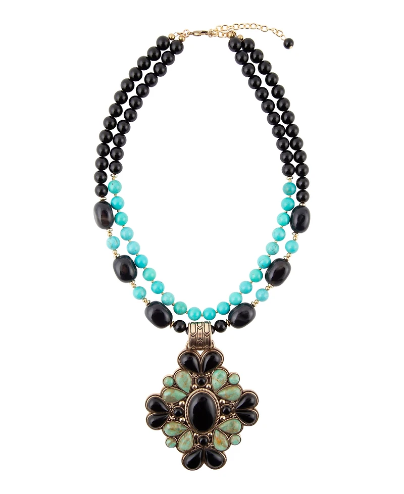 Barse Barcelona Blue Turquoise and Black Onyx Golden Statement Necklace
