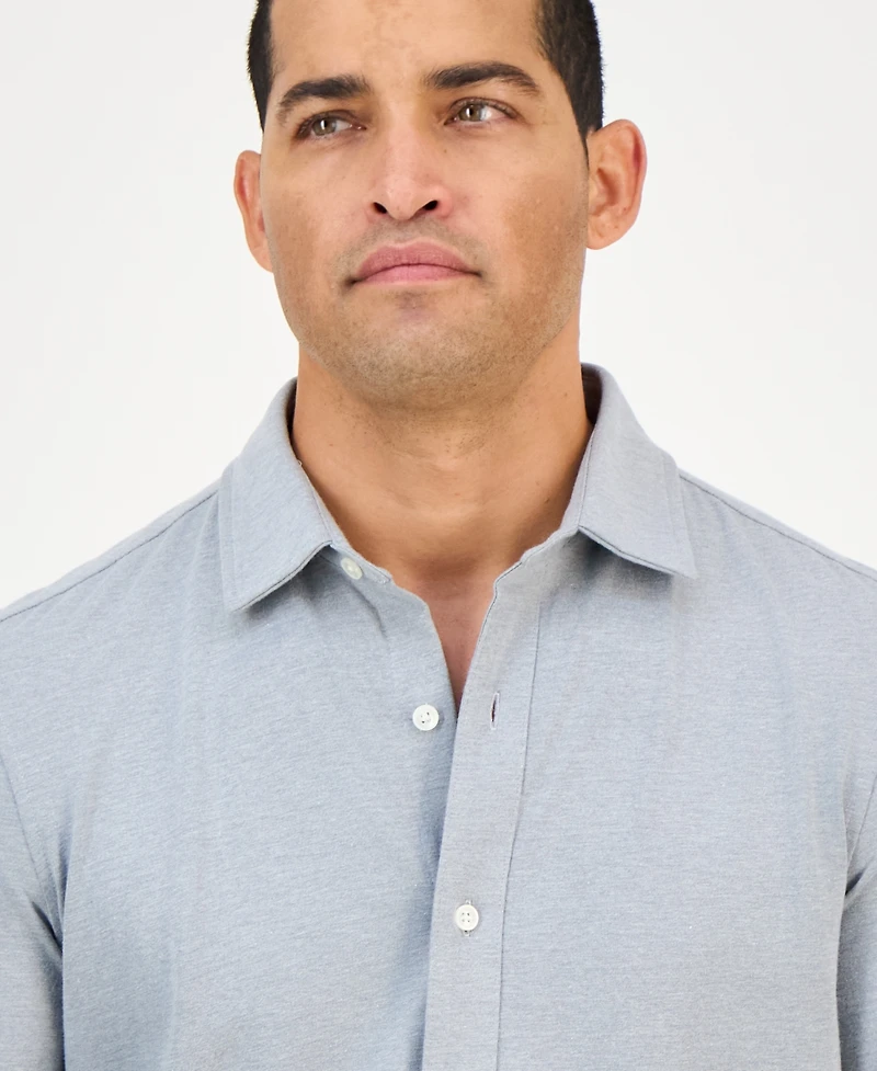 Alfani Men's Classic-Fit Heathered Jersey-Knit Button-Down Shirt, Created for Macy's