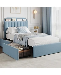 gaomon Boucle Storage Bed with Built-In Bookcase, 2 Drawers, Sturdy Frame