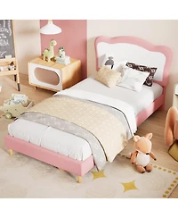 gaomon Full Velvet Kids Platform Bed with Soft Upholstered Headboard, Low Noise-Free Frame for Girls/Boys, Solid Wood Slats