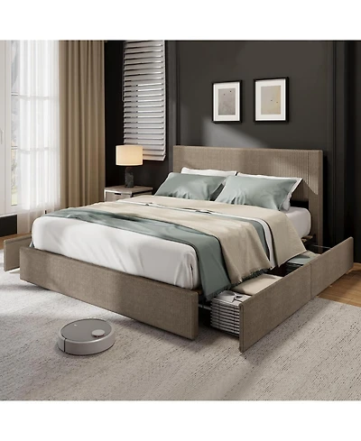 gaomon Full Corduroy Platform Bed with Tufted Wingback Headboard, 4 Storage Drawers, Wood Slats