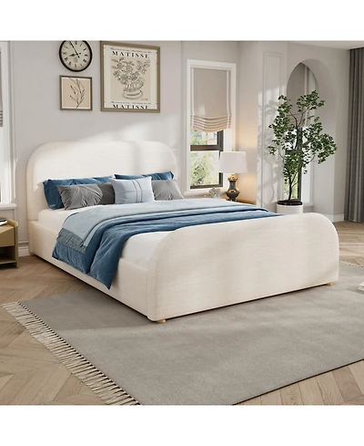Streamdale Furniture Streamdale Queen Size Linen Upholstered Bed Frame with Curved Headboard, Beige