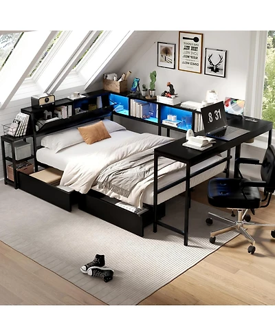 Streamdale Furniture Streamdale Twin Corner Bed Frame with Bookcase, Led, and Storage Drawers