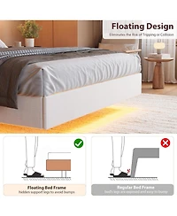 gaomon Floating Bed with Led Light Strips & Usb Charging, Modern Upholstered Headboard, Wood Slats, Noise-Free, Easy Setup
