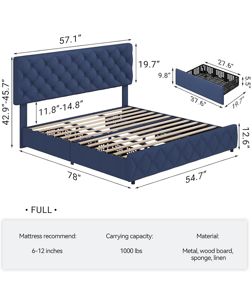 gaomon Full Size Bed Frame 4 Storage Drawers and Headboard Linen Upholstered Diamond Tufted Easy Assembly Noise-Free