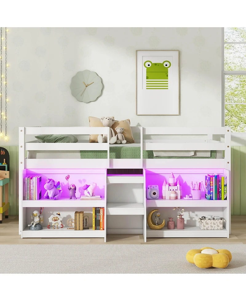 Gymax Twin Loft Bed w/ Led Lights Staircase & Safety Guardrail Under-bed Storage