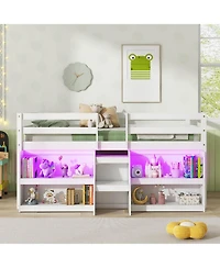 Gymax Twin Loft Bed w/ Led Lights Staircase & Safety Guardrail Under-bed Storage
