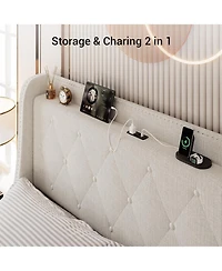 gaomon Upholstered Bed Frame with 4 Storage Drawers, Headboard and Storage, Platform Bed Frame with Charging Station & Wingback