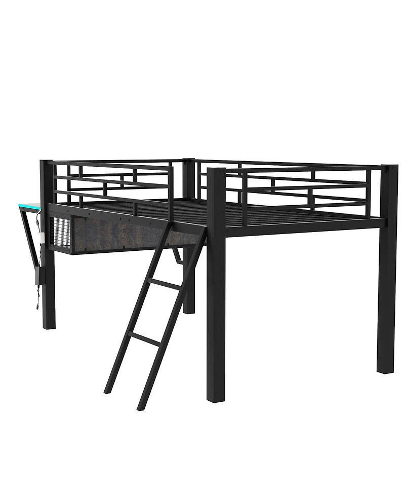 Flynama Black Metal Twin Size Gaming Mid Loft Bed with BuiltIn Desk and MultiColor Led Lighting Space Saving Furniture for Kids and Teens Bedrooms