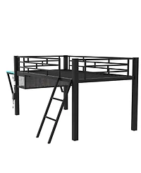 Flynama Black Metal Twin Size Gaming Mid Loft Bed with BuiltIn Desk and MultiColor Led Lighting Space Saving Furniture for Kids and Teens Bedrooms