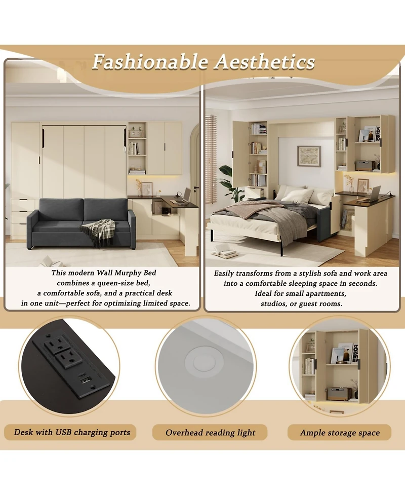 Streamdale Queen Wall Murphy Bed w/Hydraulic Storage, Sofa, Shelves, Drawers, Led/Usb