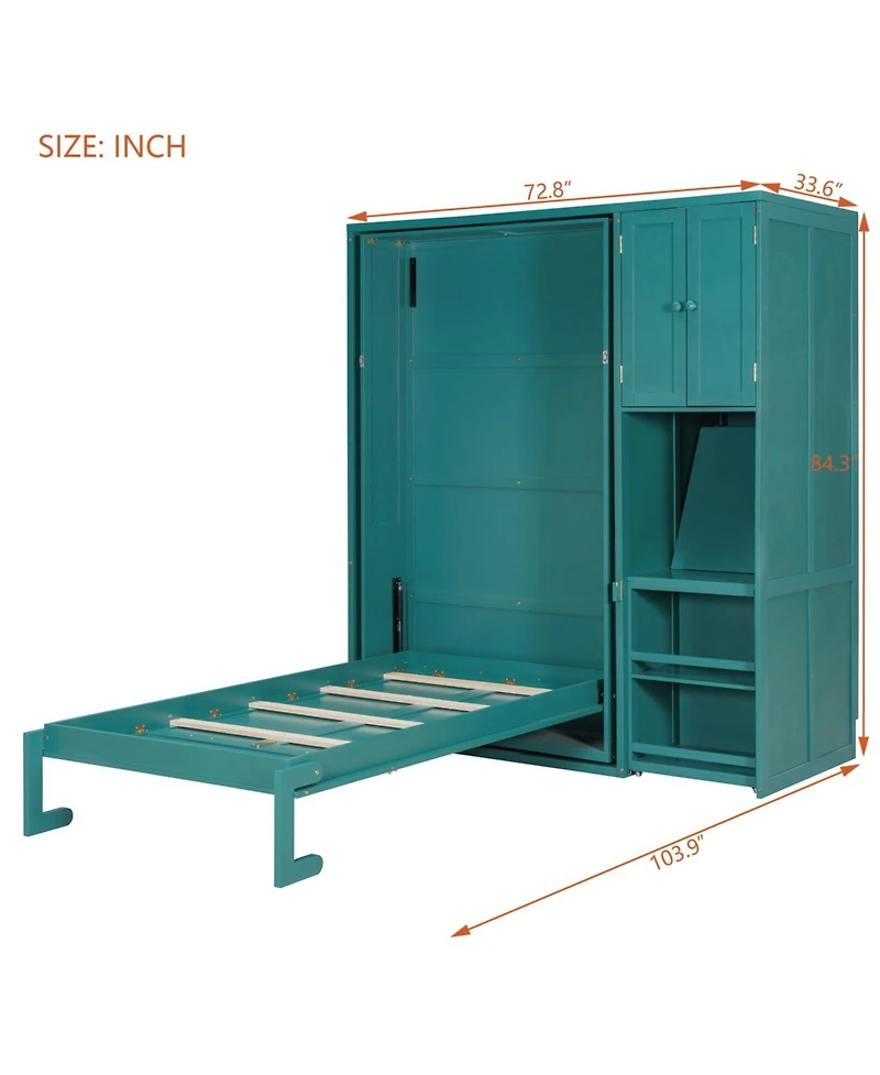 Streamdale Furniture Twin Rotating Wall Murphy Bed with Bookshelf & Desk, Teal