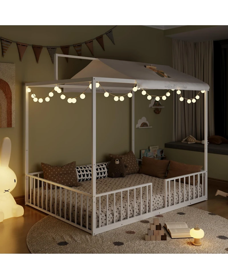 Streamdale Furniture 3-in-1 Convertible Montessori Metal Floor Bed, Fenced Toddler Bed, Canopy Platform