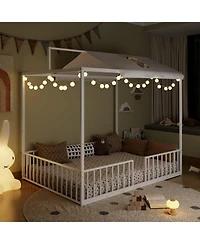 Streamdale Furniture 3-in-1 Convertible Montessori Metal Floor Bed, Fenced Toddler Bed, Canopy Platform